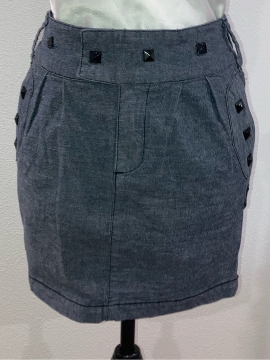 OBEY Dresses & Skirts - OBEY Propaganda Light Grey Denim Studded Mini Skirt Size 26 Logo Pockets